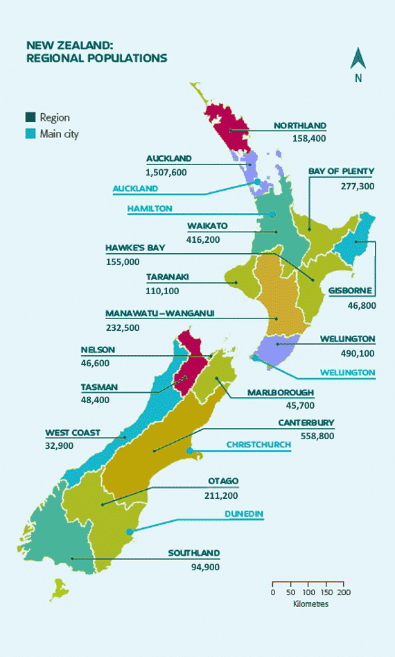 Map of New Zealand with provinces' names and population on it - New Zealand jobs in demand. New Zealand Skills in Demand recruitment agency. 